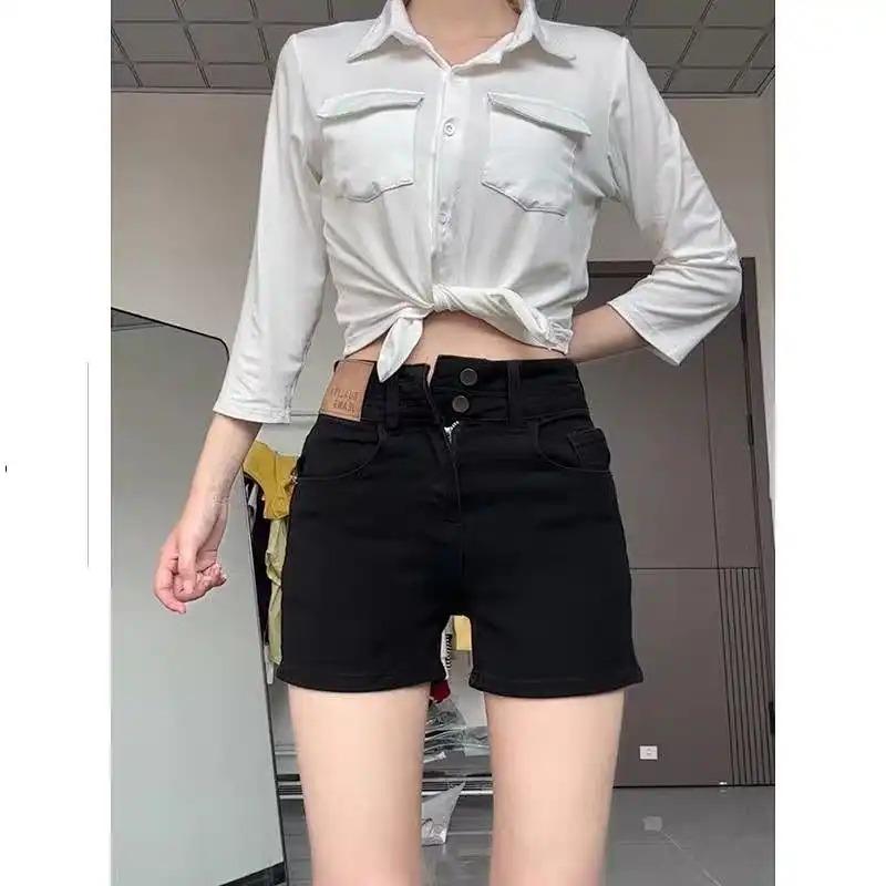

Retro High Waist Denim Shorts Women s Summer New Straight Slim Stretch Hot Pants 3XL чорний