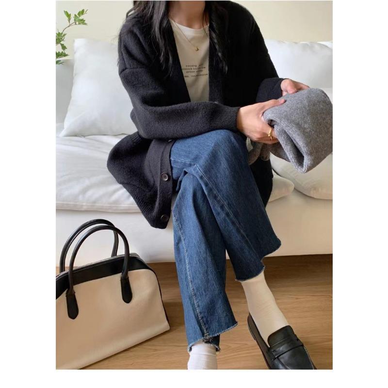 

Весенний, осенний и зимний новый свитер конфетного цвета однотонный, снижающий возраст, мягкий, восковой, вязаный свитер, женский модный ленивый кардиган One Size чёрный