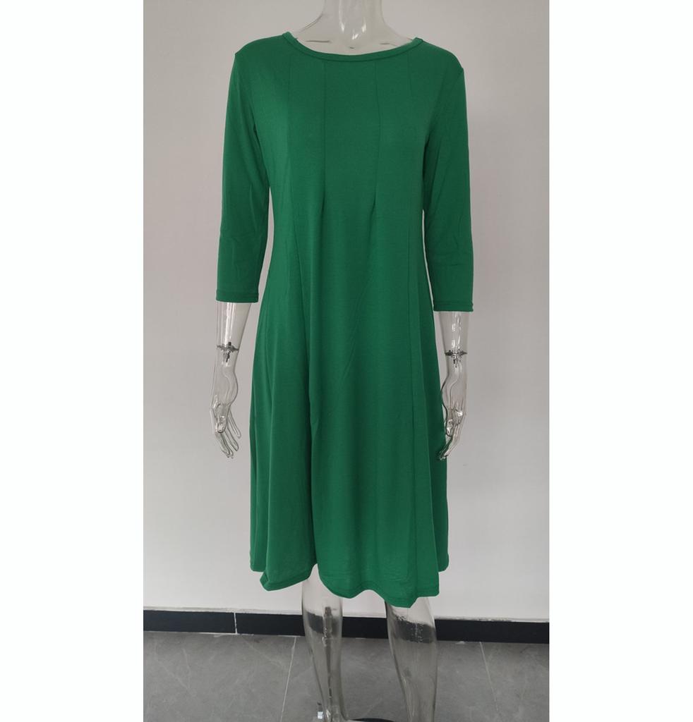 Round Neck Mid-sleeve Solid Color Swing Dress Fashion Temperament Elegant Women's Clothing