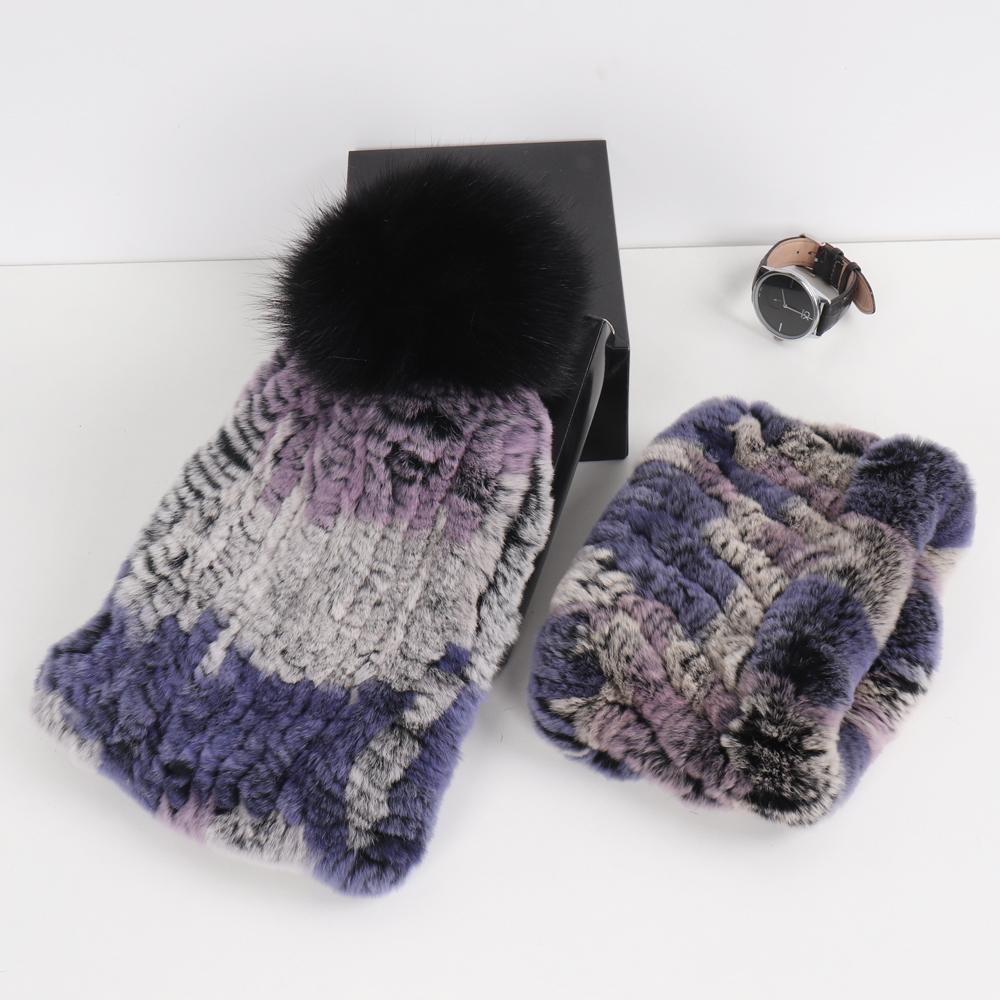 New Fashion Knitted Good Elastic Real Fur Scarf Hat Sets Women Winter Warm Natural Rex Rabbit Fur Scarves Hats Sets