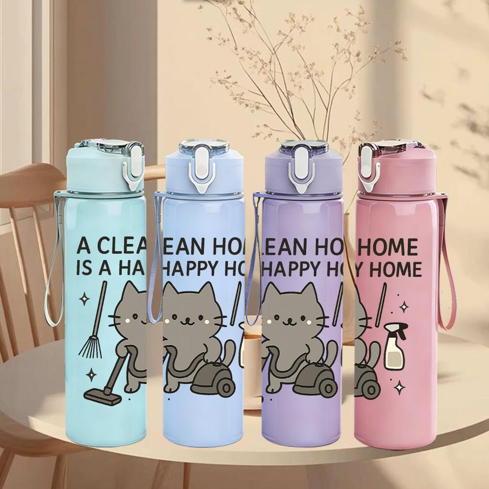 1PC Cleaning Cat Quote Text 750ml Color Plastic Sports Water Bottle Leakproof Flip Straw Lid Suitable for Sports Office Home Use
