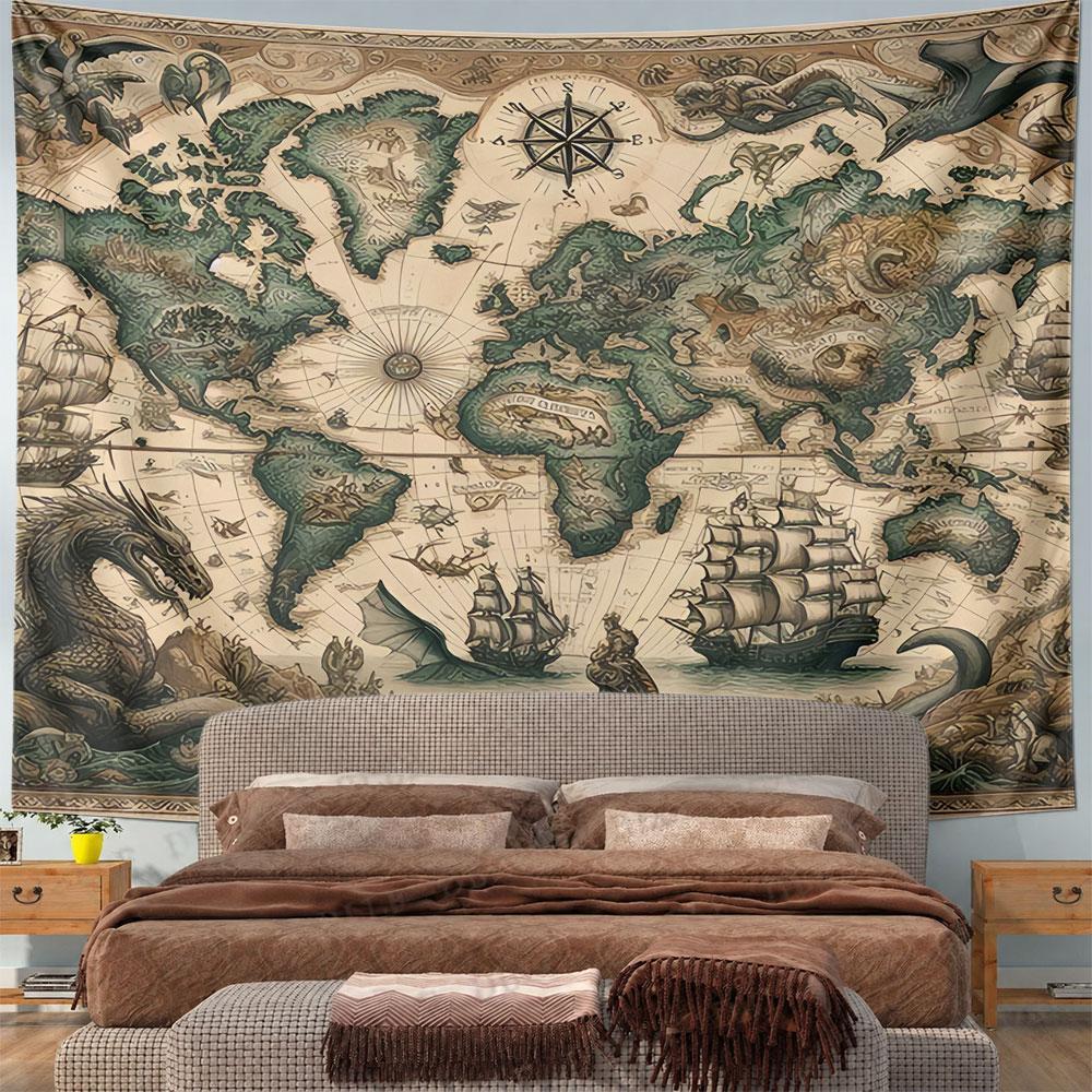Vintage Fantasy World Map Tapestry Wall Hanging Dragons Sea Monsters Art Decor for Bedroom Living Room