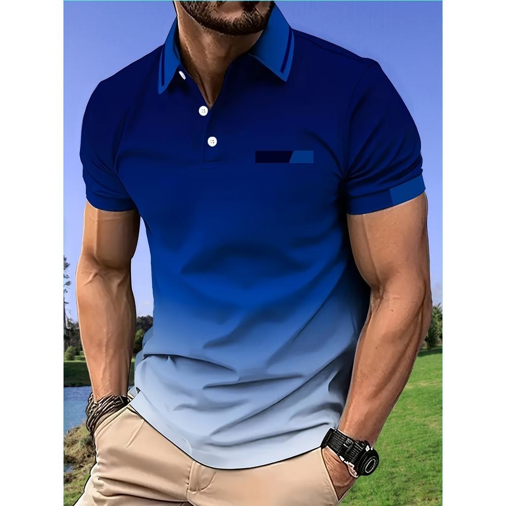 Men's Gradient Print Short-Sleeved Casual Sports T-Shirt with Stand-Up Collar and No Pockets - Summer Men's Clothing Gift