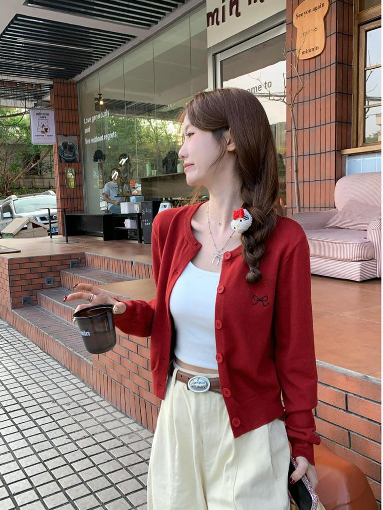 Women's Petite Gray Knit Cardigan - Embroidered Academy Style, New Spring/Summer 2025 Collection
