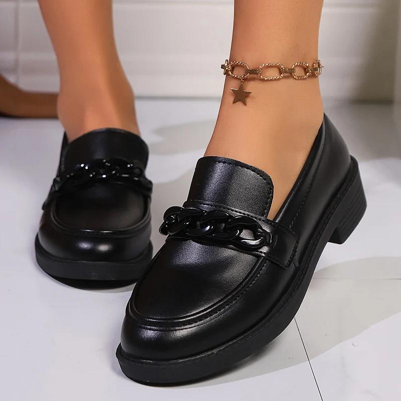 Fashion Pointed Toe Pu Leather Loafers Women Chain Decor Thick Sole Pumps Female Lady Office Soft Bottom Patent Leather Shoes Mujer