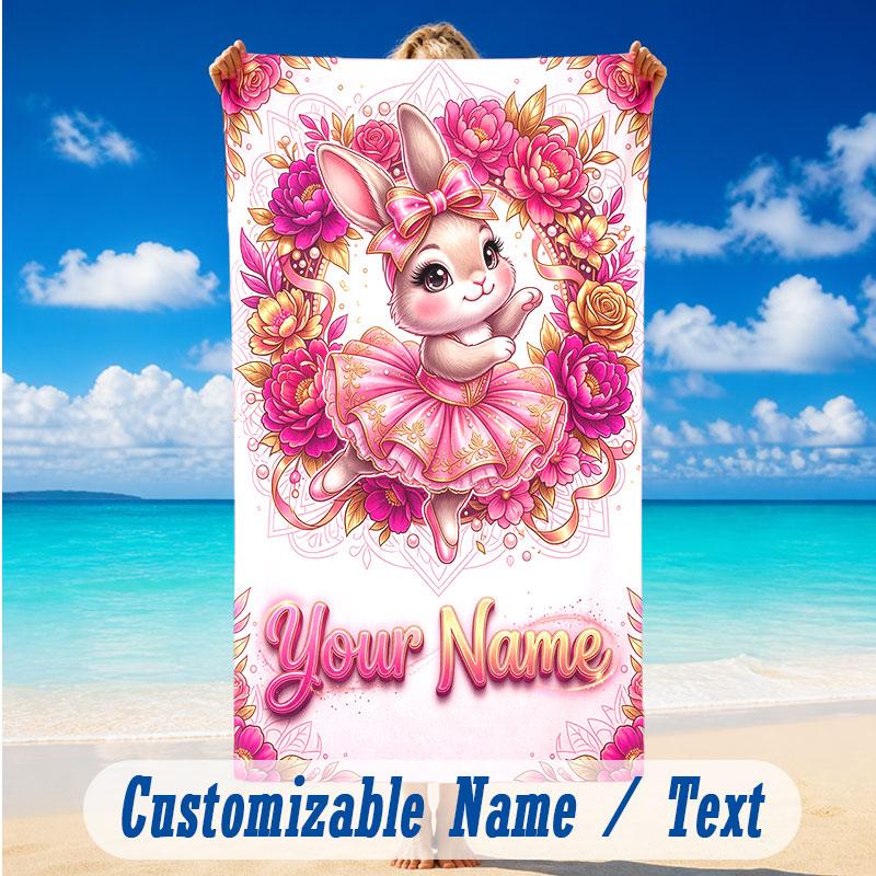 Easter Bunny Theme Beach Towel Personalized Custom Name & Text Soft Quick Dry Beach Towel for Swimming Travel