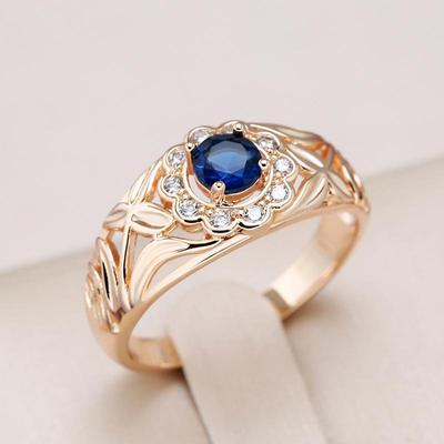 Gold Color Texture Blue Zircon Rings for Women Vintage Wedding Costume Jewelry