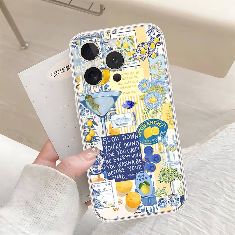 Seaside Scenery Wine Lemon Phone Case For IPhone 17 16 15 14 Plus 13 12 11 Pro Max Phone Back Cover Transparent Shockproof Cover