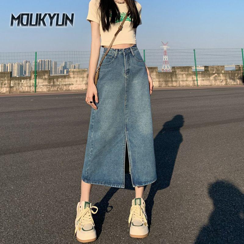 

Летняя женская юбка А-силуэта в стиле ретро с высокой талией, карманами и разрезом спереди, джинсовые юбки синего цвета, прикрывающие бедра, прямая длинная джинсовая юбка M синий