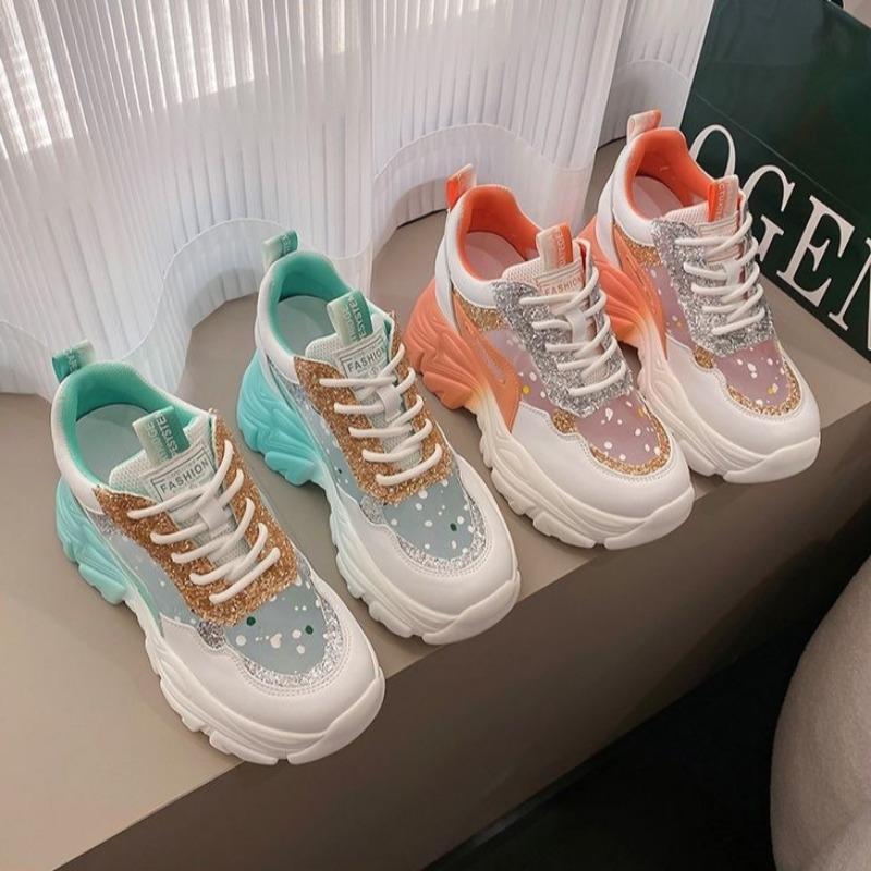 Summer Chunky Women Designer Shoes Fashion Breathable Sequin Vulcanized Shoes Non-slip Wedges Running Sports Shoes Sneakers 2025