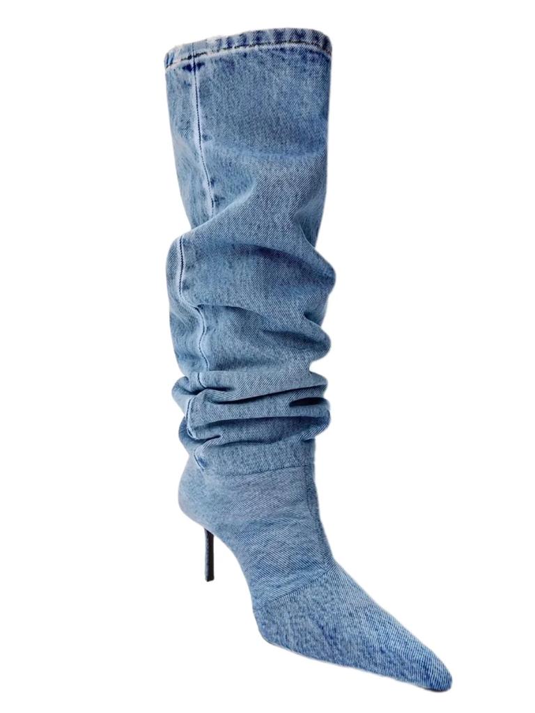 2024 Wind Pointed Folded Pile Boots 2024 Winter New Stiletto 2024 Boots But The Knee Is Thin High Heels Universal for All Seasons