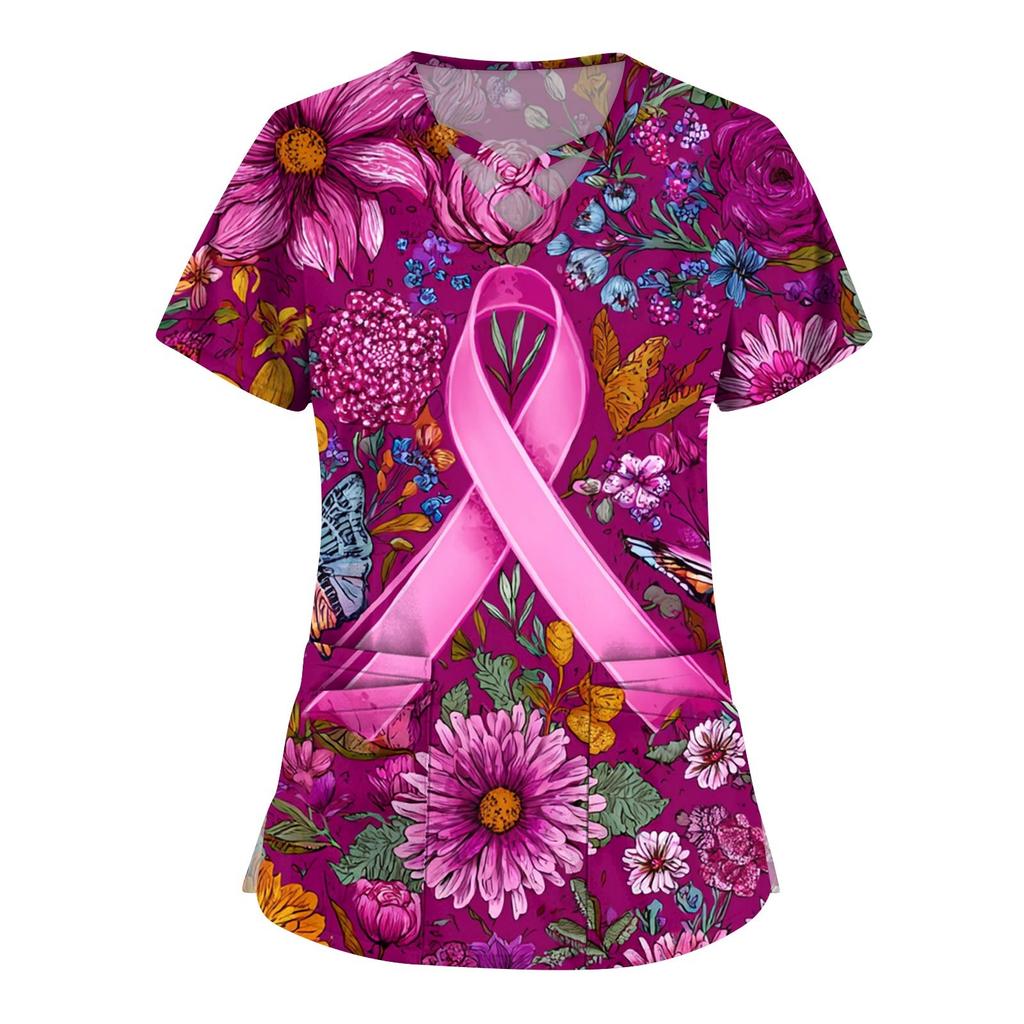 Dámská móda V-výstřih Krátký rukáv Kombinézy Kapsa s dvojitou vrstvou Tištěná trička Oblečení