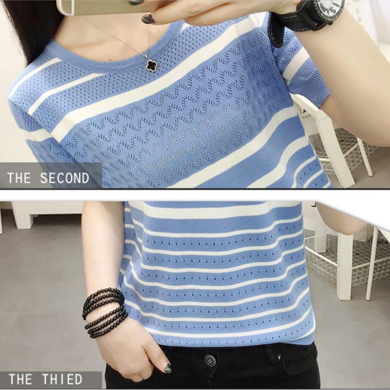 Ice Silk Sweater Girls Thin Short-sleeved Hollow Top Summer Loose Striped T-shirt Fashion and Elegant