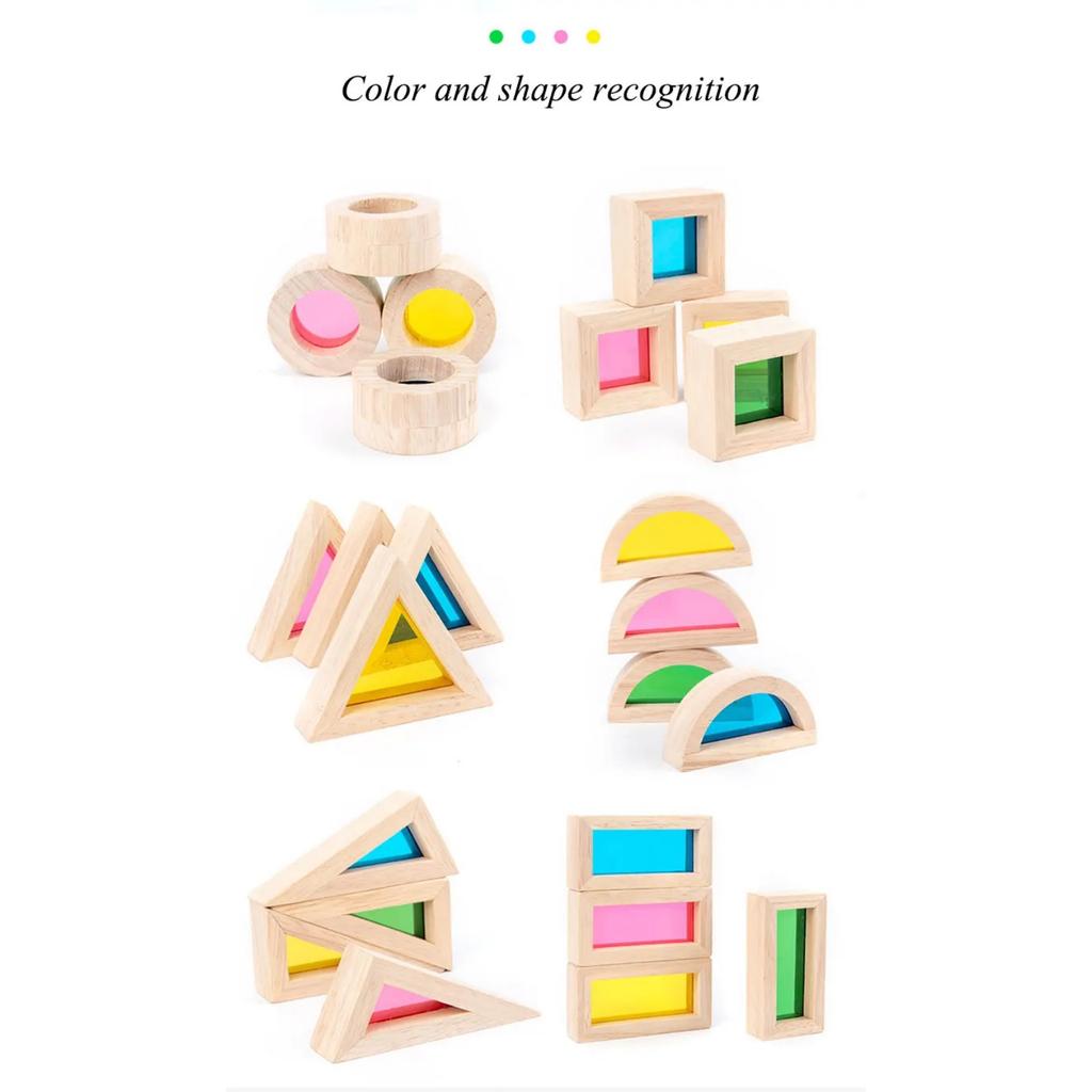 Montessori Transparent Shape Blocks Wooden Toys Rainbow Acrylic Color Cognitive Sensory Building Game Educational Toys for Kids