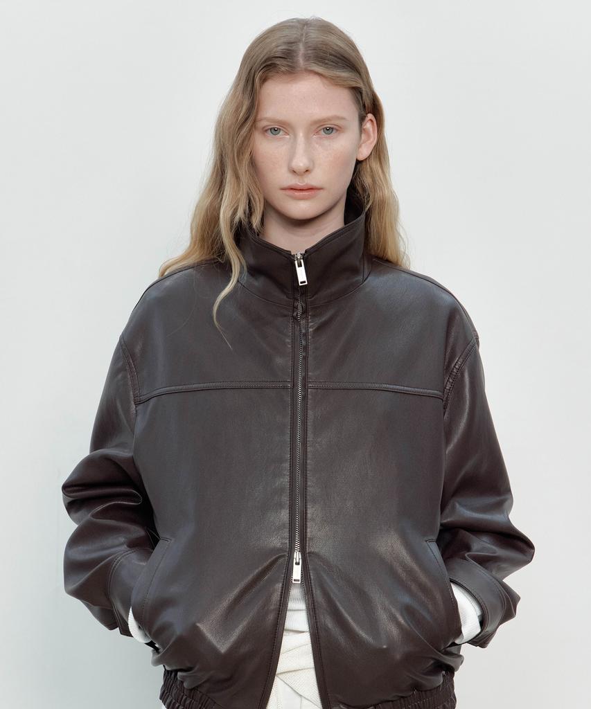 Themargot Semi Oversized Leather Jacket (Brown)