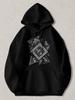 Black Pullover Hoodie with Geometric Turtle And Floral Bandana Print Unisex Casual Sweatshirt with Kangaroo Pocket for Daily Wear