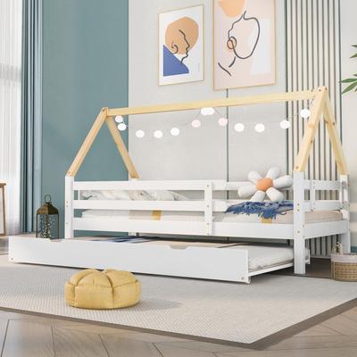 Cama Infantil Fliek Cama Casinha 200x90cm com Proteção Lateral e Estrado, Cama de Dia com Rodízios Embaixo para Meninas & Meninos, Branco+Cor Natural