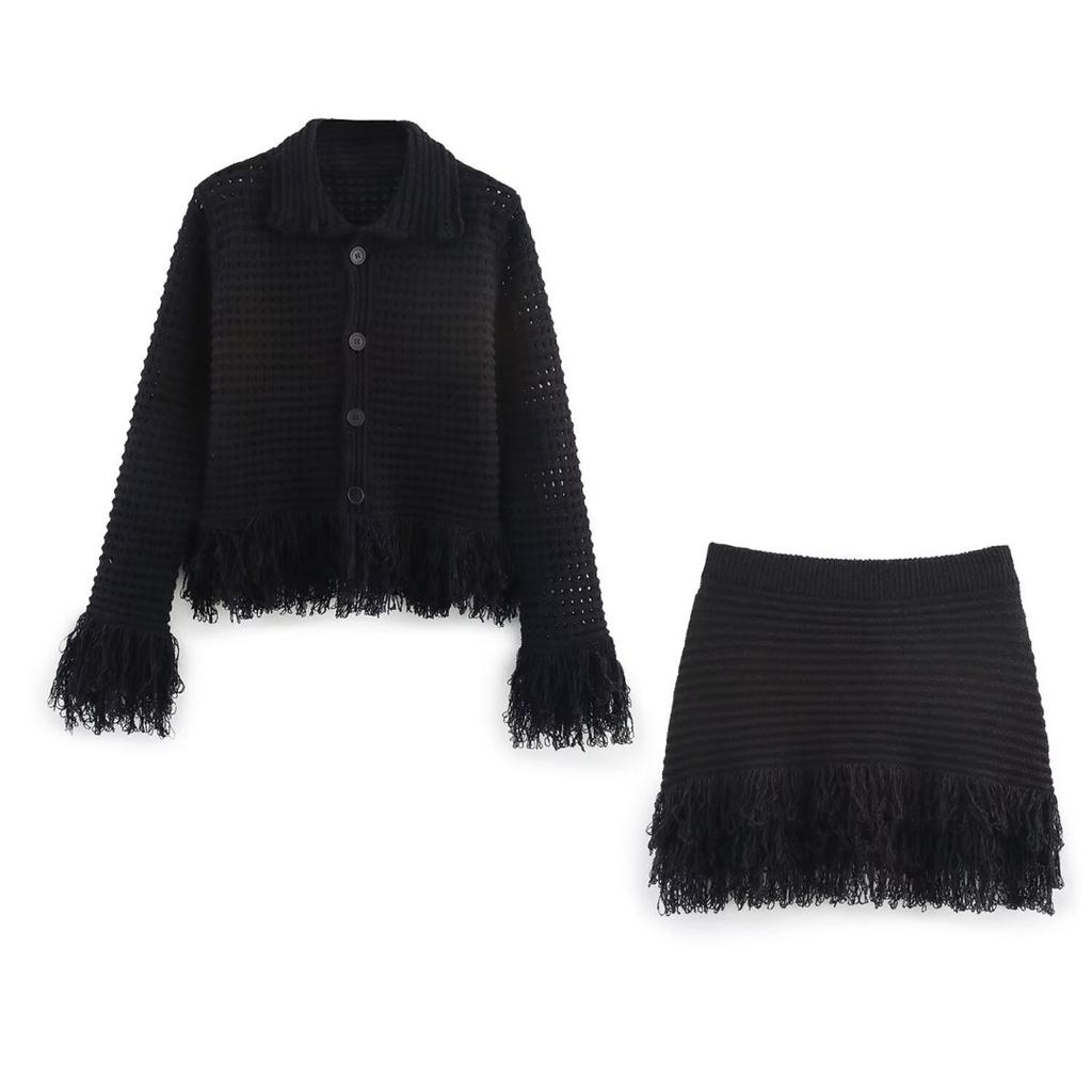 2025 Summer New Style Four-Color Optional Women's Fashion Suit Fringed Plaid Knitted Jacket & Fringed Skirt Suit