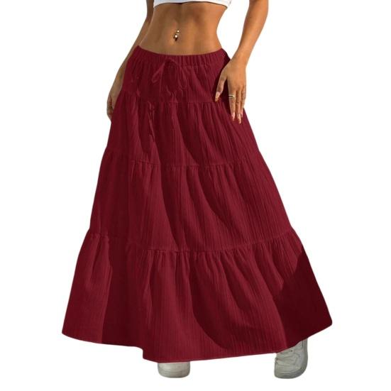 

Women Long Skirt Spring Summer Middle Waist A Line Flowy Swing Skirt Breathable Solid Color Elastic Waist Drawstring Pleated Casual Skirt XXL вино красного