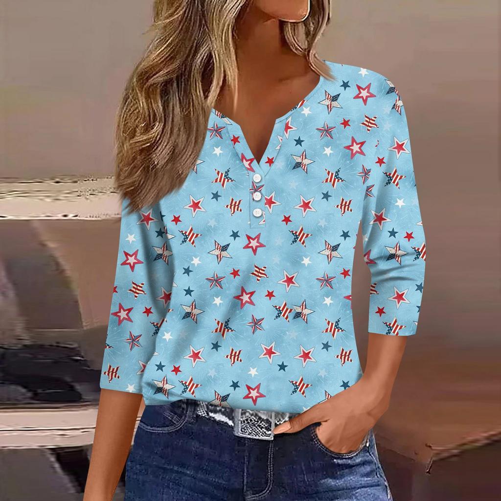 3/4 Length Sleeve Womens Tops Print Vintage Fashion Casual Loose With V Neck Plus Size Shirts Independence Day