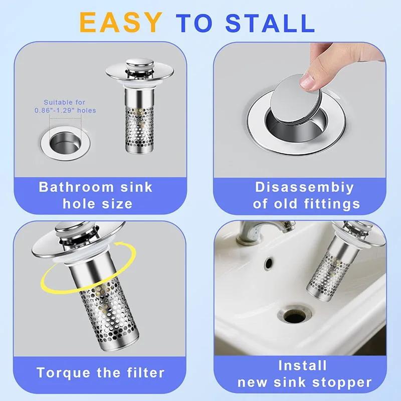 Stainless Steel Floor Drain Filter Washbasin Leak Plug Stainless Steel Odor Proof Bouncing Core Drains Hair Catcher Sink Straine