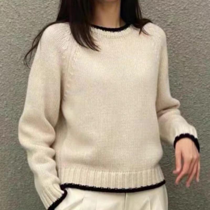 Crew neck color matching pullover sweater women's autumn and winter new loose and thin long-sleeved knitted sweater outer top