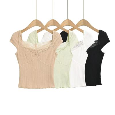 2025 Bow Lace Short Sleeve European And American Style Women'S New Elastic Thread Top Sweet Cool Spicy Girl T-Shirt