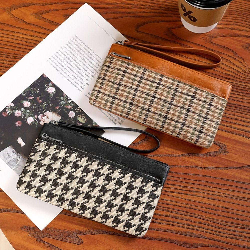 Coin Pocket Retro Houndstooth Handbag Korean Style Women Long Purse Zipper Clutch Wallet  Women