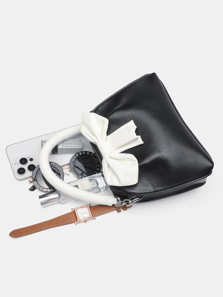 Fashiable and Versatile Color Blocking Small Square Bag with Bow and Pleated Black Handbag