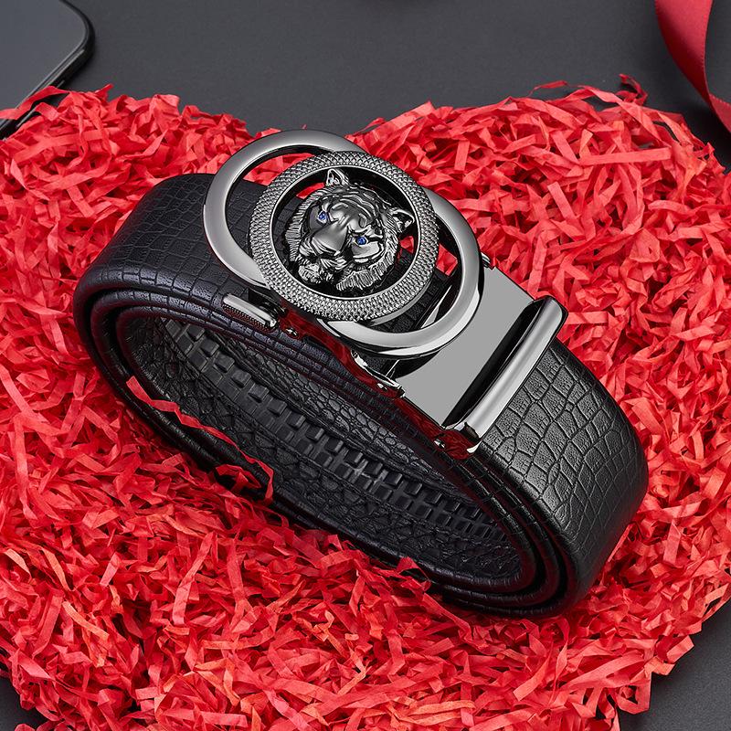 Men's Genuine Leather Belt with Lion Head Automatic Alloy Buckle