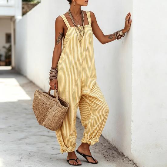 Loose Striped Wide Leg Jumpsuit for Women, Square Neck Sleeveless Wide Leg Rompers with Pockets, Casual Summer One Piece Outfit