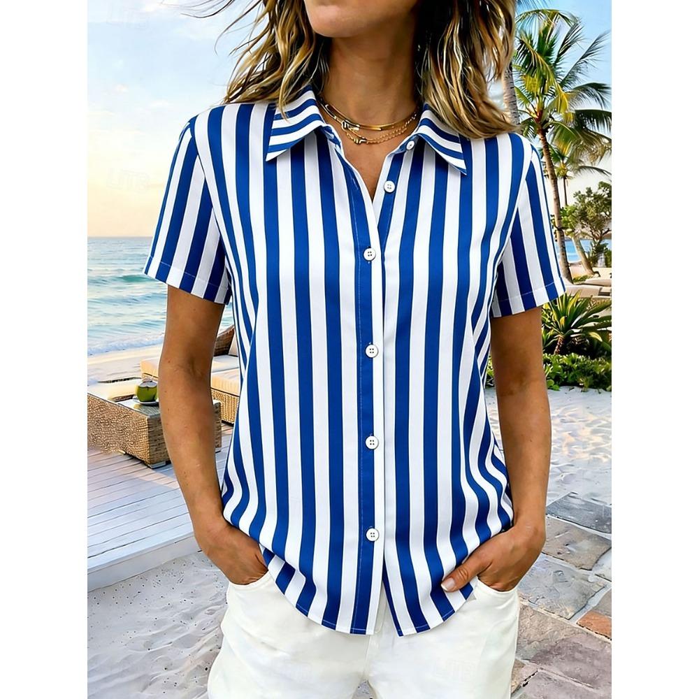 Women's multicolored stripes Print Lapel Shirt Short Sleeve Button Down Casual Tops Summer Beach Hawaiian Wear