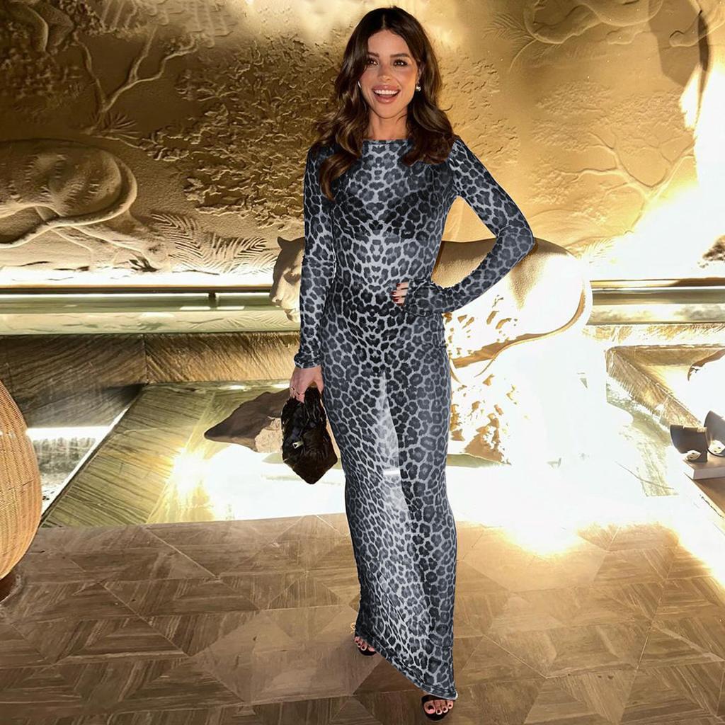 Summer Dress Women Leopard Print Mesh O Neck Long Sleeve Sexy See Through Maxi Fashion Outfits Beach Vacation Nightclub
