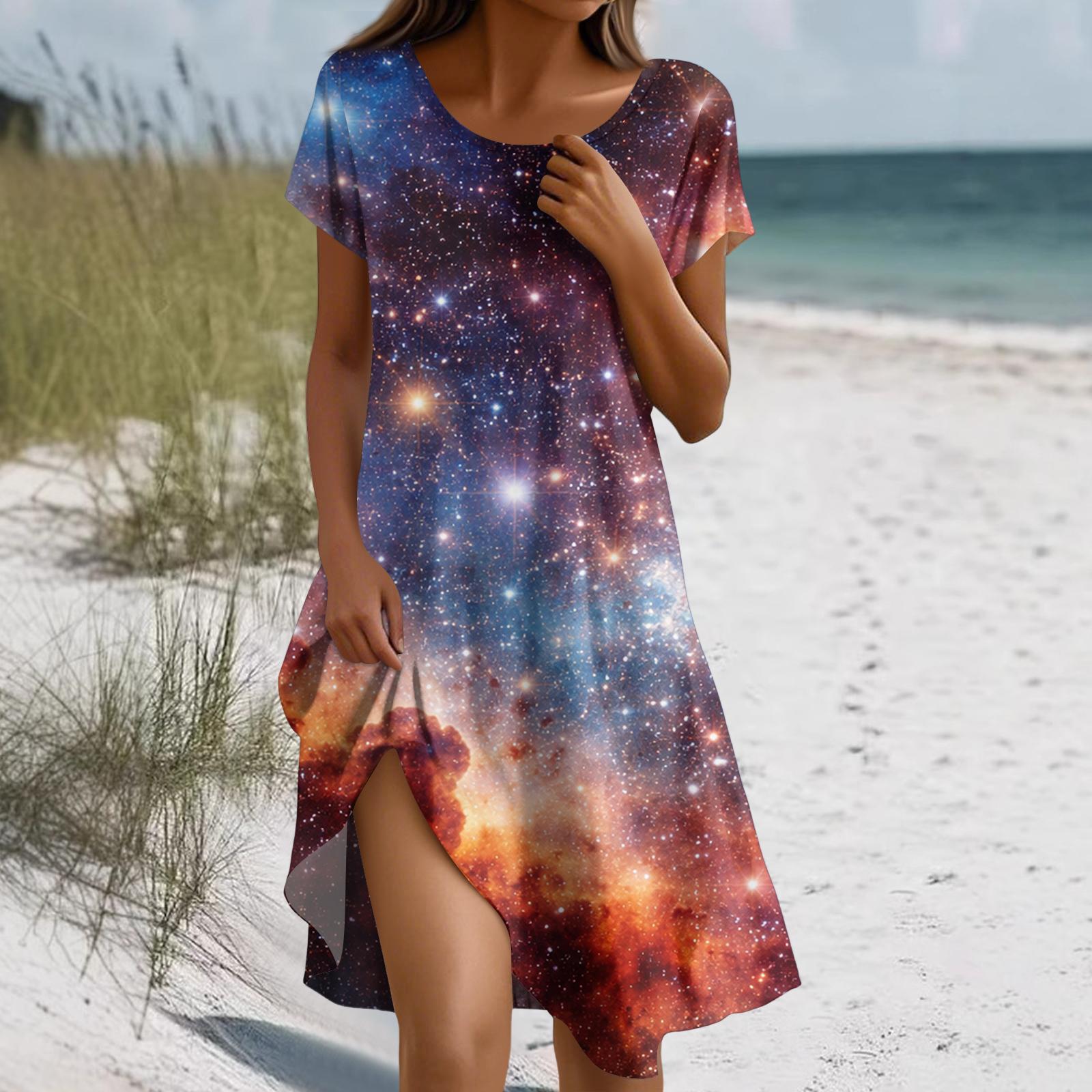 

Women s Fashion Short-Sleeve Bohemian- -Print Dress With Pockets M