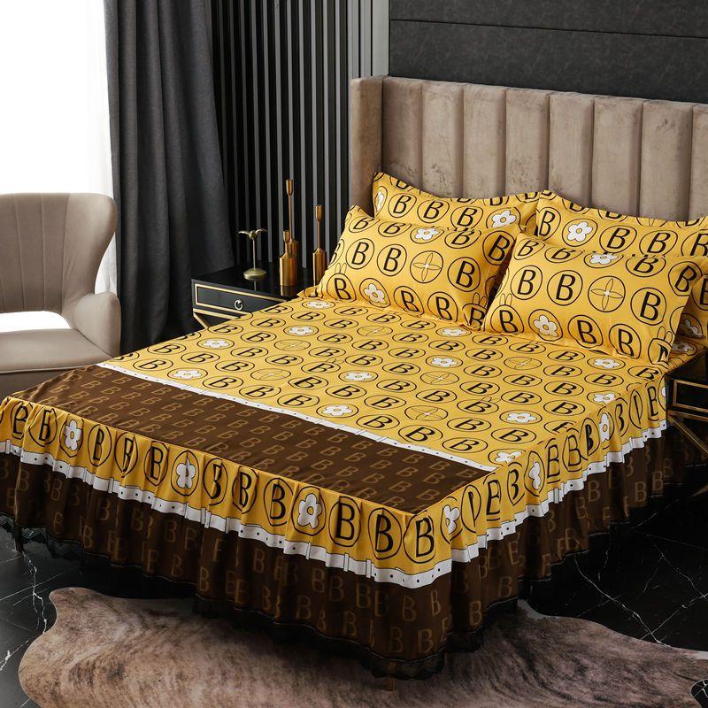 Flower Print Ruffled Bedding Set,Pillowcases Set/Bed Skirt Set,Bed Skirt*1 ,Pillowcases *2 (Size: Twin/Full/Queen/King)