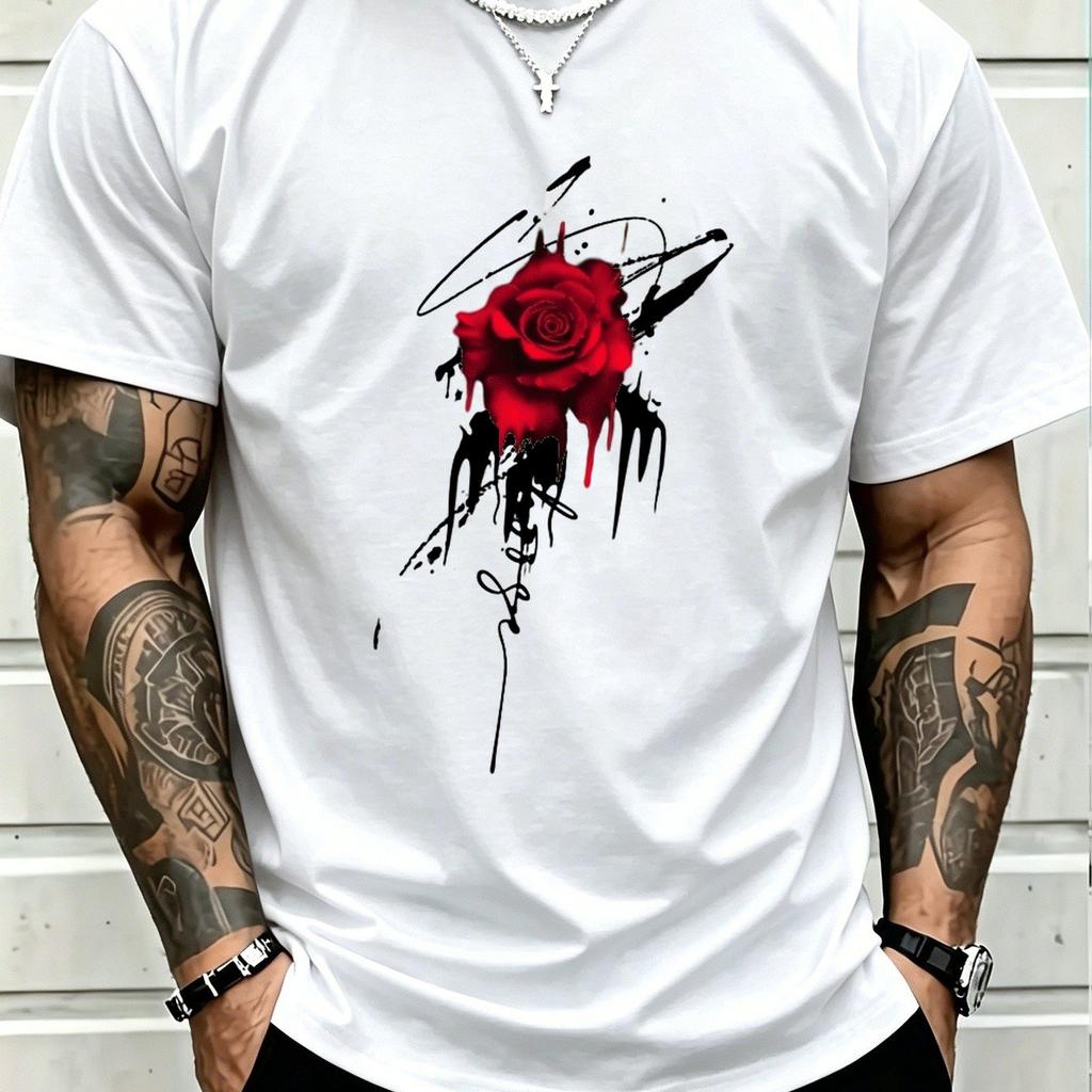 Graphic T-Shirt Gothic Dripping Red Rose Short Sleeve Crew Neck for Man