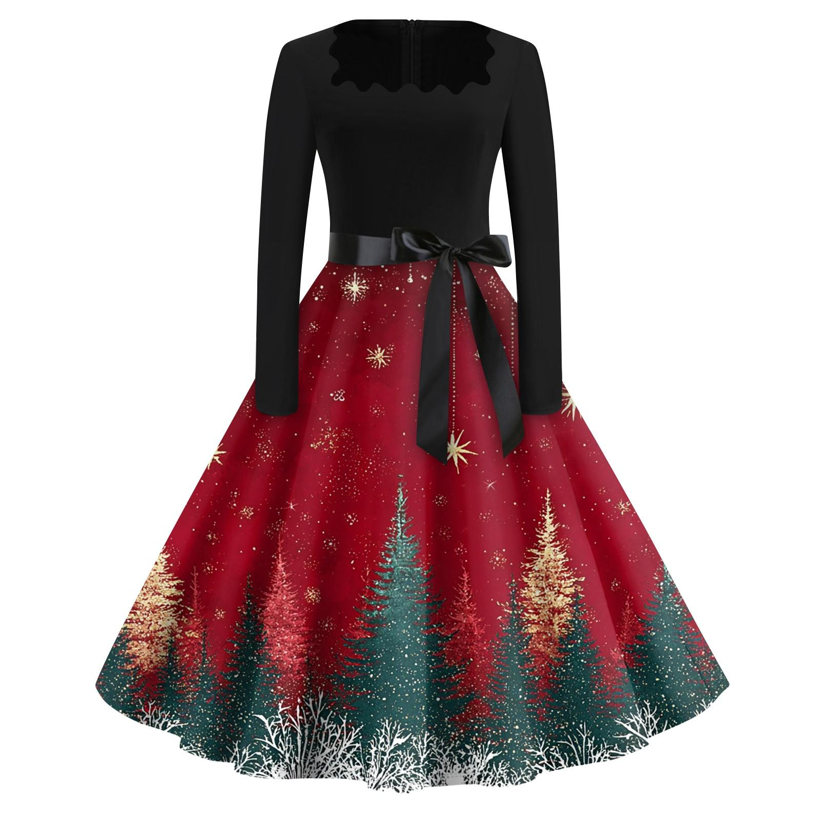 

Рождественский принт расклешенное платье для женщин платье с длинным рукавом ажурное вечернее повседневное платье с квадратным воротником M