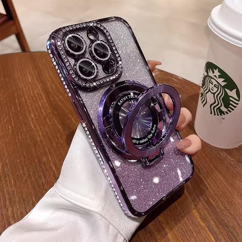 Magnetic Stand Suitable for Apple 16ProMax Gradient Phone Case, Water Diamond Iphone15 Glitter Mirror 14 Protective Case