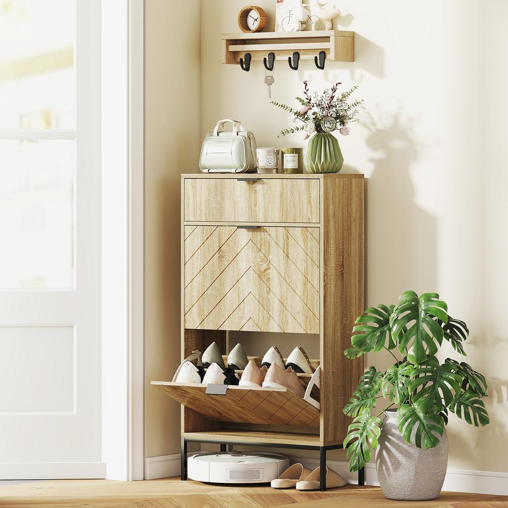 Shoe Cabinet 8 Pairs With Sliding Drawer 2 Flip Down Drawers Adjustable Shelves 60x24x105.5cm Oak