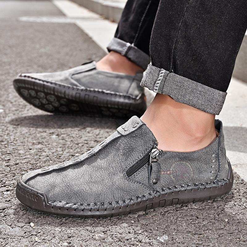 2023 Spring Men's Plus Size Leather Slip-On Casual Shoes with Zipper