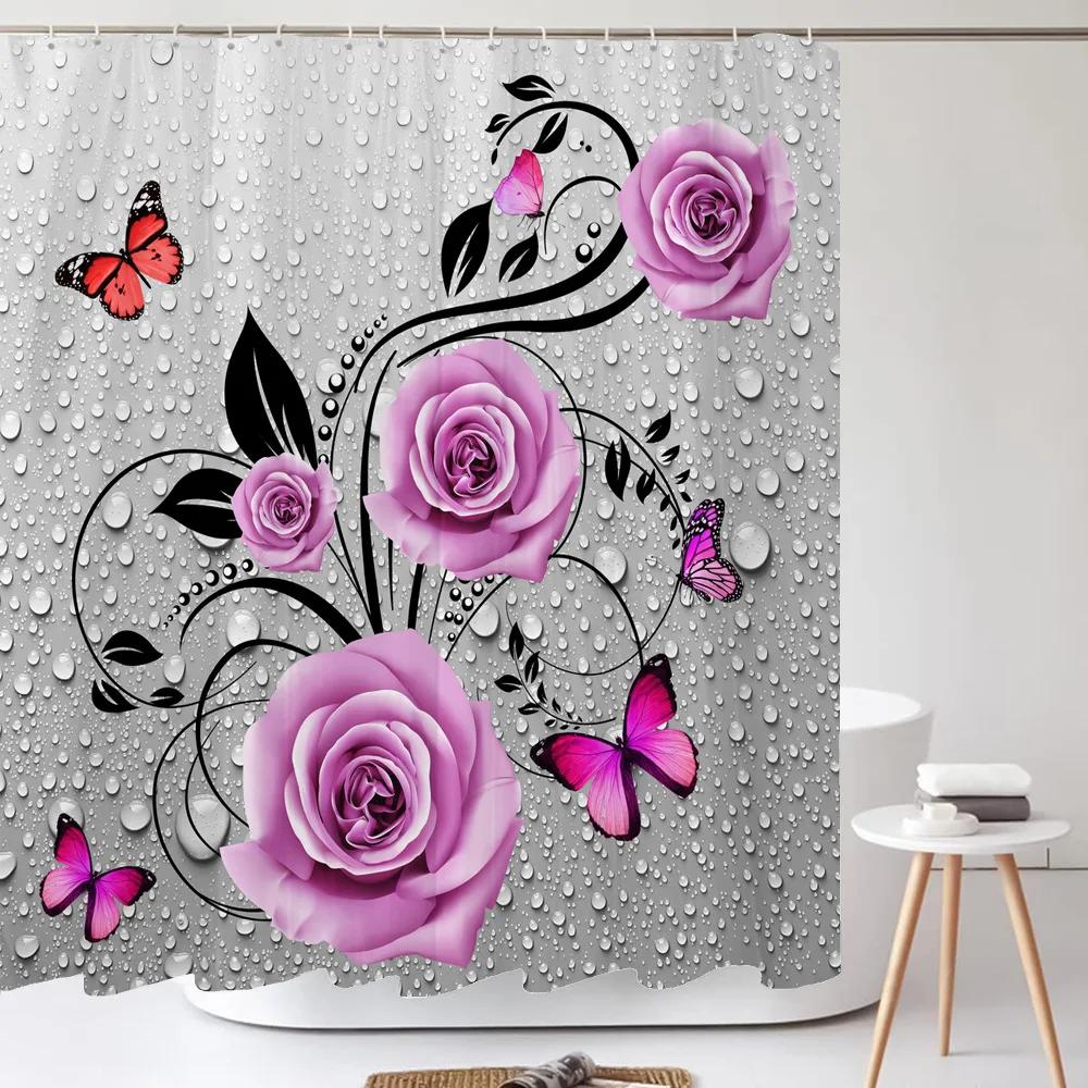 

Red Rose Flower Shower Curtain Romantic Paris Vintage Eiffel Tower Stamp Floral Butterfly Abstract Art Bathroom Decor With Hooks W60H190(CM)-1 Pcs