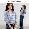 VICTORIA&VERA Women's Cotton Faux Two-Piece Plaid Long Sleeve Shirt