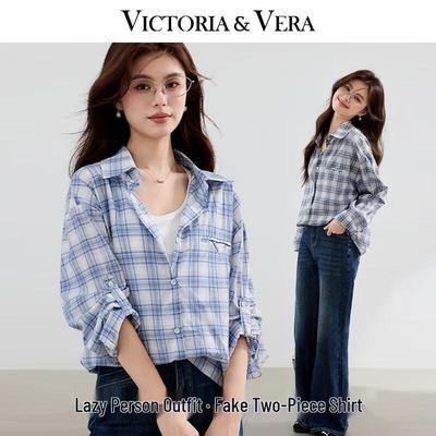 Women's Cotton Faux Two-Piece Plaid Long Sleeve Shirt