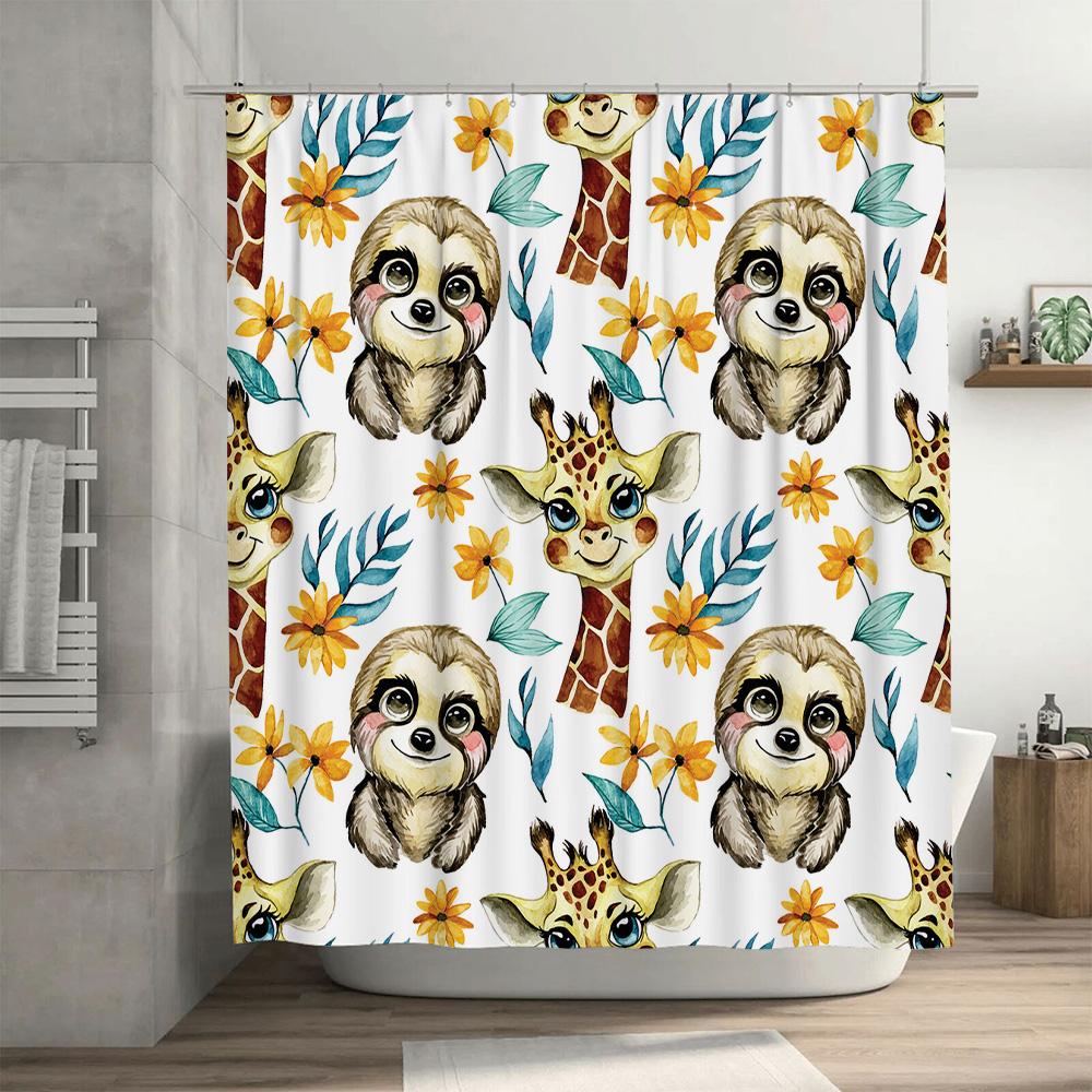 Animal Print Shower Curtain Kids Bathroom Decor Cartoon Giraffe Sloth Blue Yellow Flower Pattern Waterproof Bath Mat Set With Ri