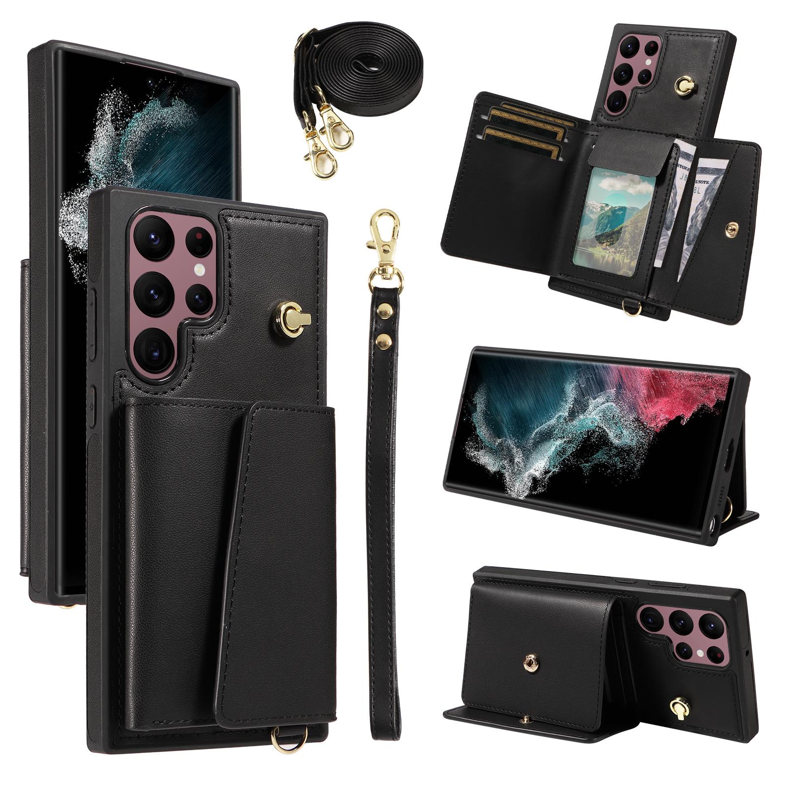 

Чехол-кроссбоди для телефона Samsung Galaxy S22 Ultra 5G с держателем для карт, подставкой, покрытый кожей, ТПУ-чехол для мобильного телефона Black