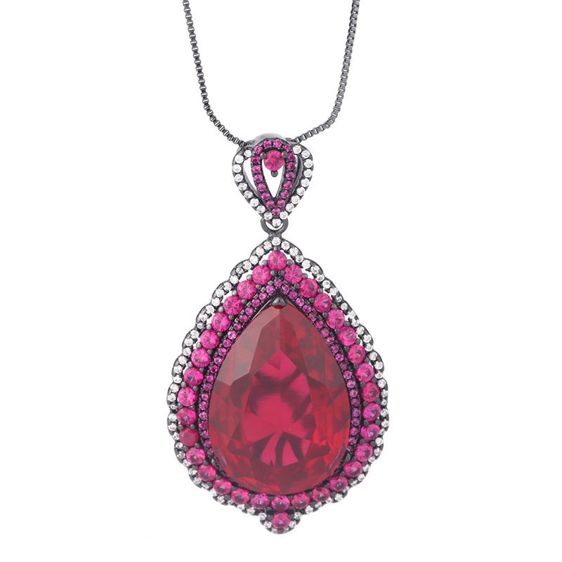 Jewelry Copper Bottom Gold-Plated Simulation Red Corundum Large Water Drop Black Gold Pendant Necklace Main Stone 18 * 25