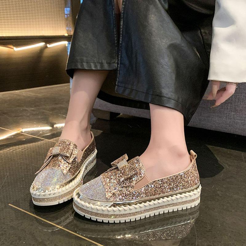 Flat-bottomed Thick-soled Single Shoes Women's Spring New One-pedal Colored Rhinestone Bow Student Lazy Casual Shoes
