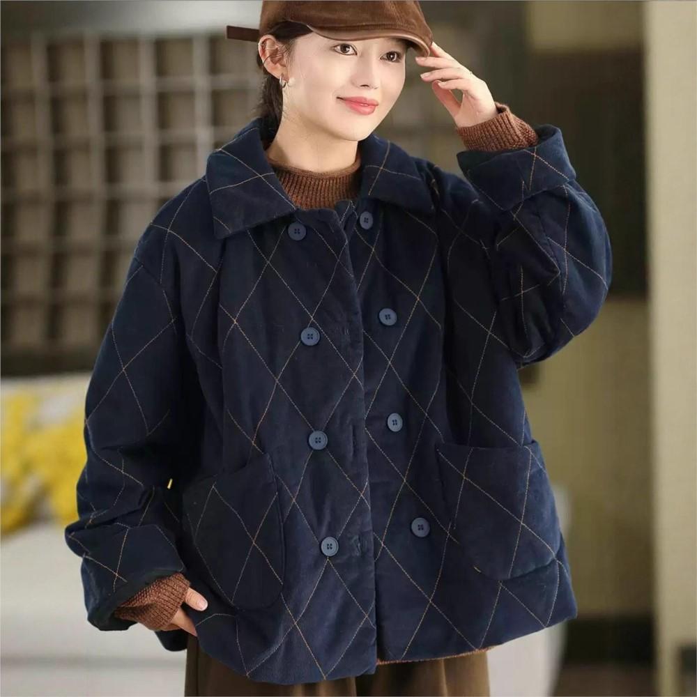 Johnature Women Vintage Turn-dwon Collar Long Sleeve Winter Coats Button Patchwork Pockets Coats