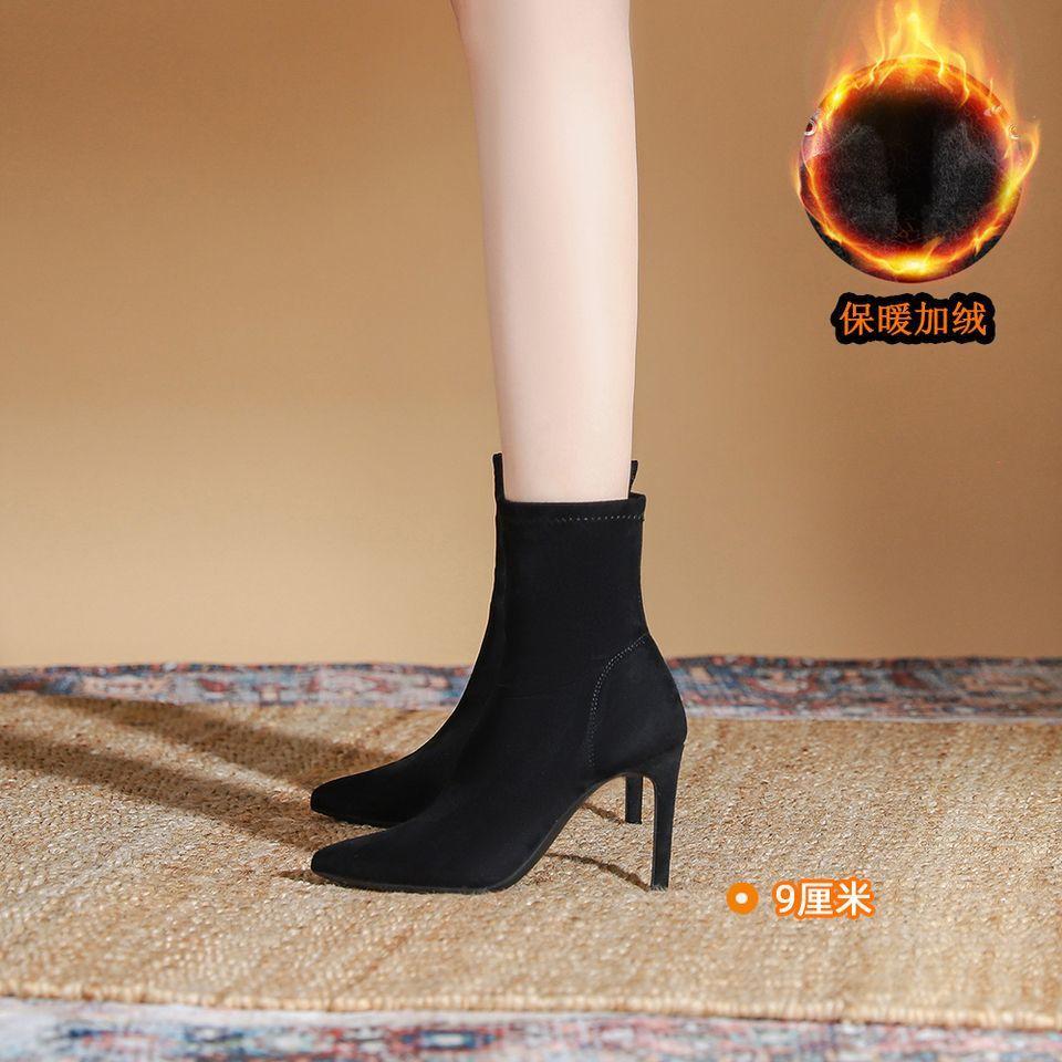 

Флисовые черные эластичные тонкие носки-ботинки, новые полусапожки на тонком каблуке с острым носком для женщин на осень и зиму 2025 39