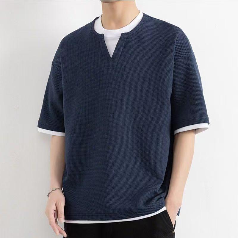 Men's Waffle Knit Fake Two-Piece Short Sleeve T-Shirt Casual Loose Crew Neck Top